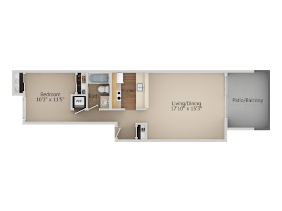 A floor plan of a one bedroom apartment with a living/dining area and a patio/balcony.