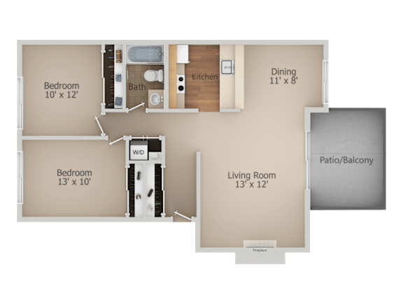 A floor plan of a small apartment with a living room, dining room, kitchen, and two bedrooms.