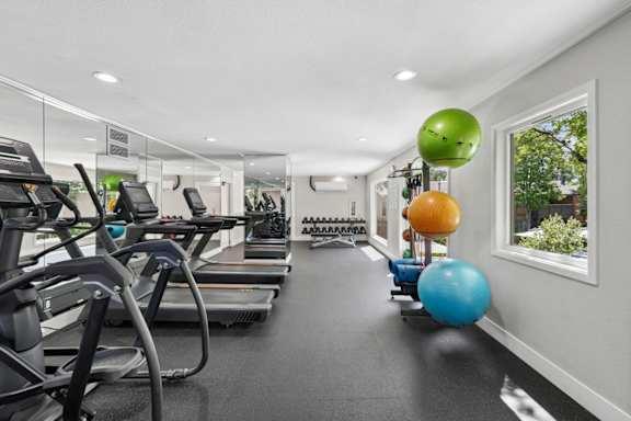 A gym with treadmills, exercise balls, and mirrors.