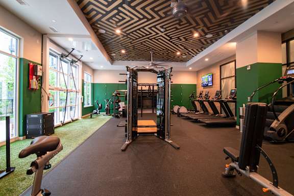 A gym with a variety of equipment including a treadmill, weights, and a bench press.