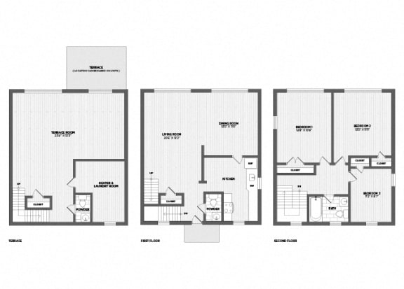 a floor plan of a 3 bedroom townhome with three levels