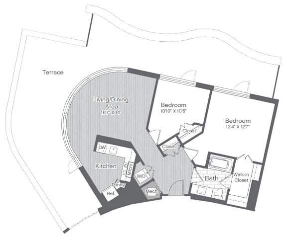 A floor plan of a house with a terrace and two bedrooms.