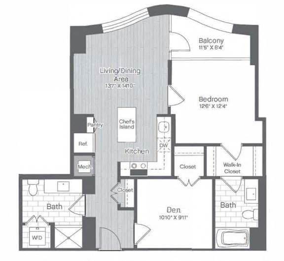 A floor plan of a house with a living/dining area, kitchen, two bathrooms, a bedroom, and a den.