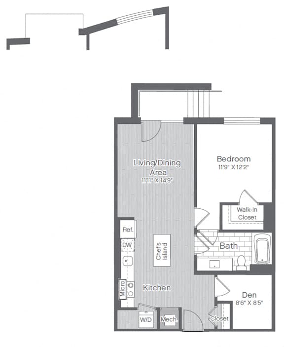 A black and white floor plan of a one bedroom apartment.