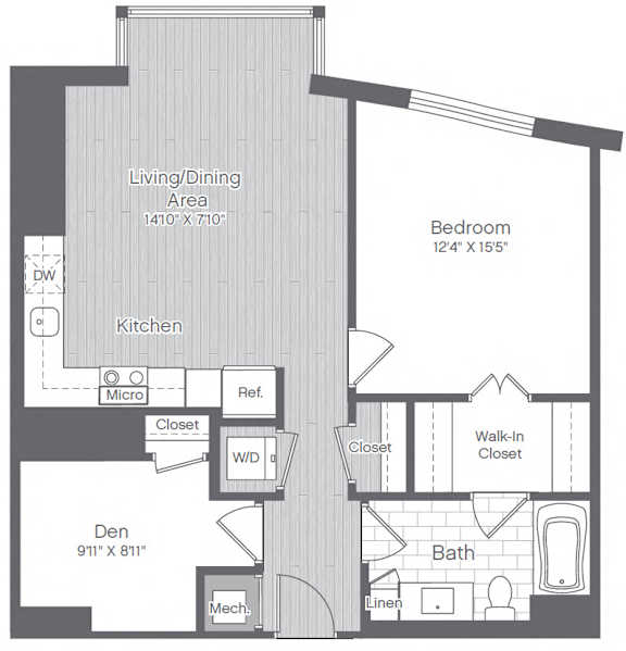 A floor plan of a house showing a living/dining area, kitchen, bathroom, and bedroom.