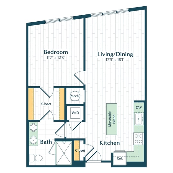 a floor plan of a studio apartment with a bedroom and a bath