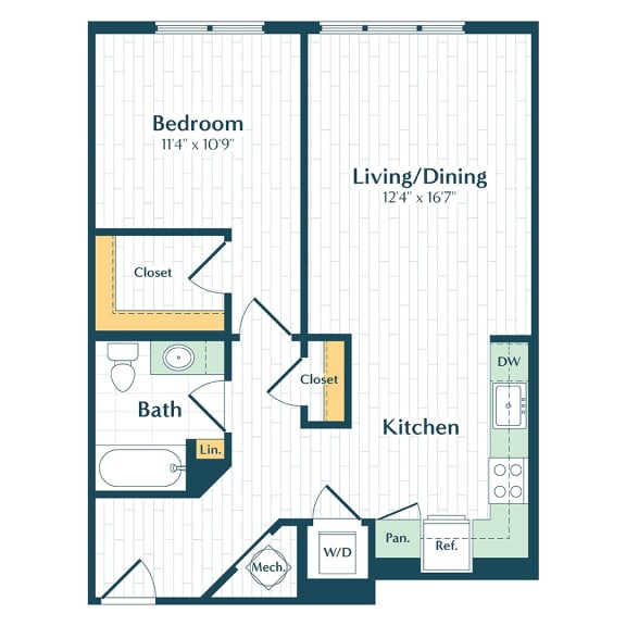a floor plan of a bedroom apartment with a bath and a closet
