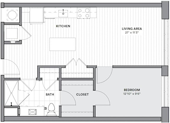A floor plan of a house with a kitchen, living area, bathroom, and bedroom.