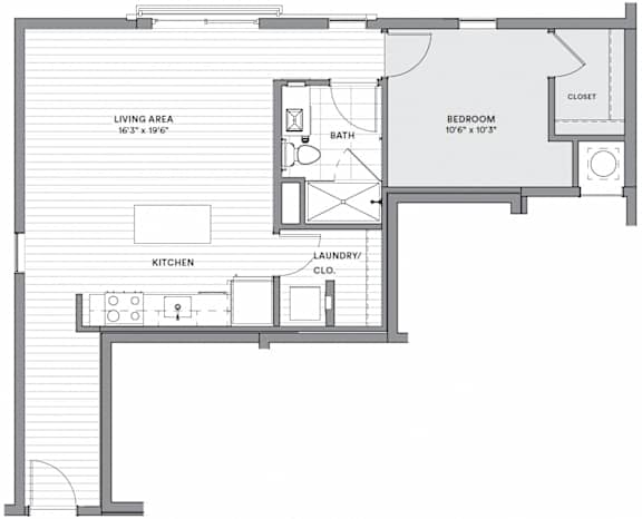 A floor plan of a small apartment with a living area, kitchen, bathroom, and bedroom.