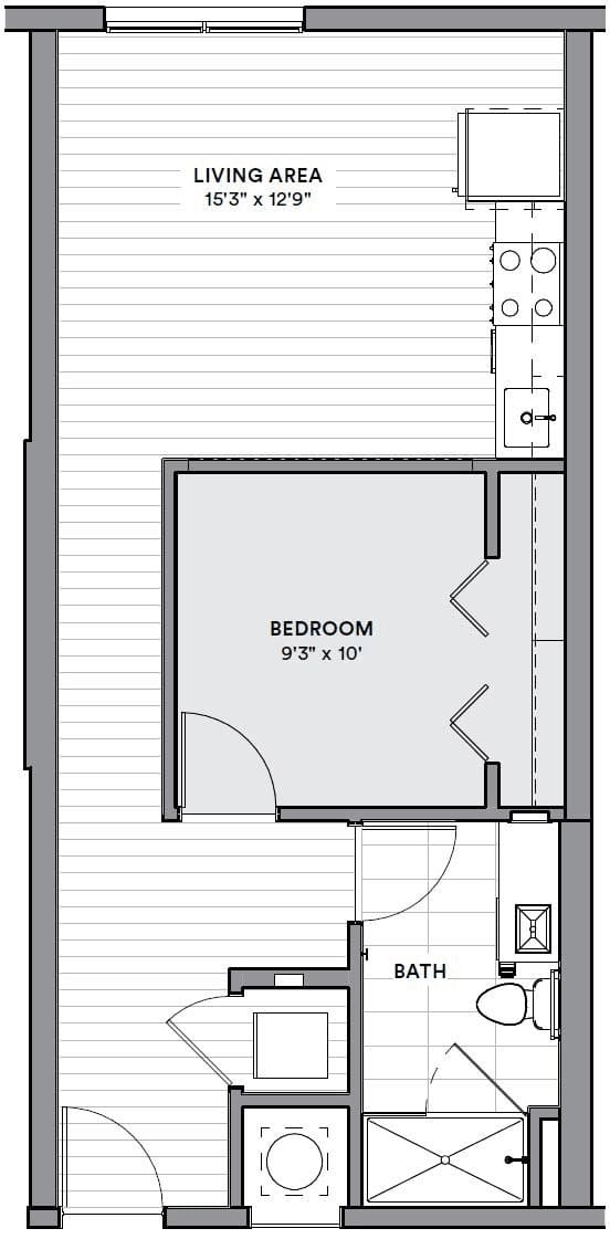 a floor plan of a small house with a bedroom and a bathroom