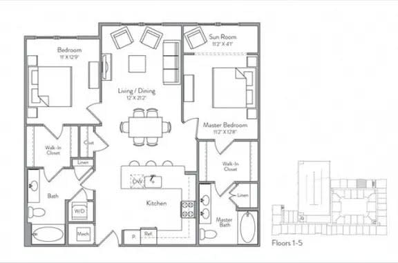 a floor plan of a house with bedrooms and a living room