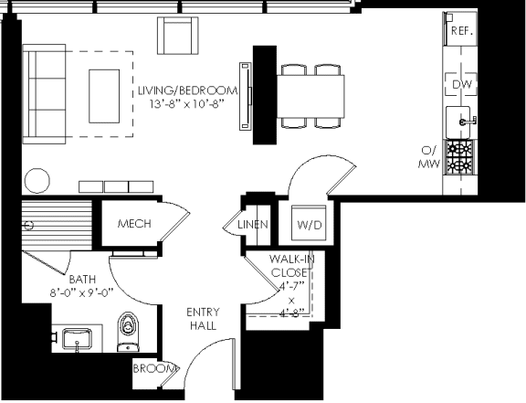 a floor plan of a house with a kitchen and a living room