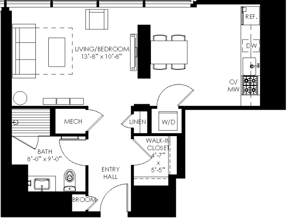 a floor plan of a small house with a kitchen and a living room