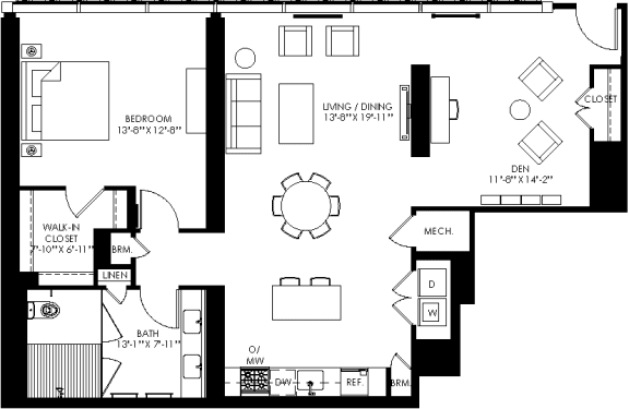 the floor plan of the first floor of the house showcasing the living room and bedrooms