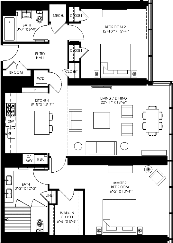 a floor plan of a house with two bedrooms and a living room