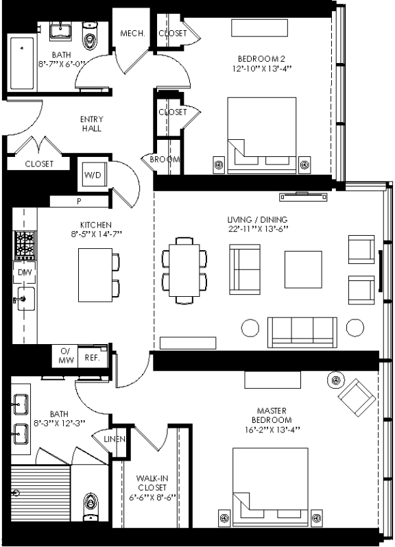a floor plan of a house with two bedrooms and a living room