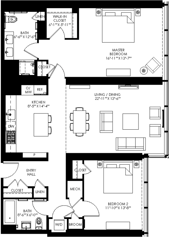 a floor plan of a house with two bedrooms and two bathrooms