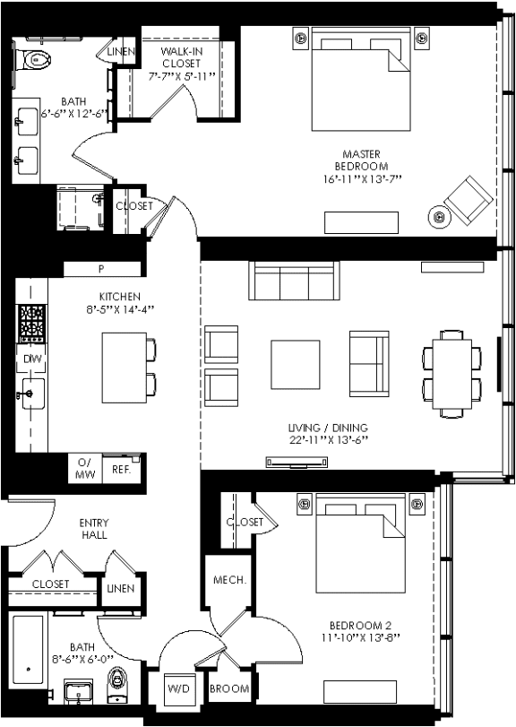 floor plan of the cortina with 2 bedrooms and 2 baths