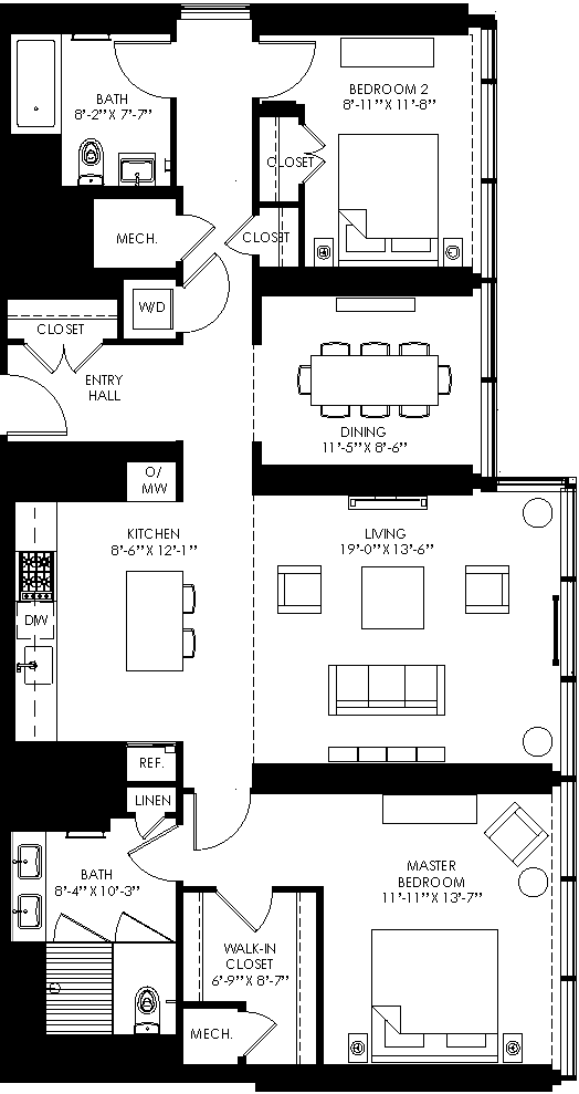 floor plan of the living area and kitchen of the 1100 sq ft home