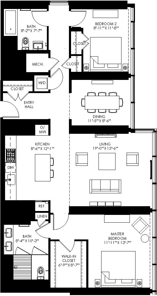 floor plan of the living area and the bedrooms