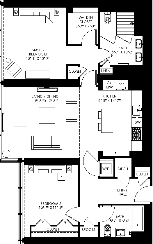 a floor plan of a house with two bedrooms and two bathrooms