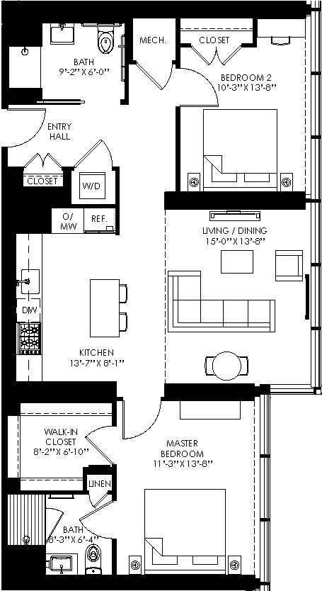 a floor plan of a house with two bedrooms and two bathrooms