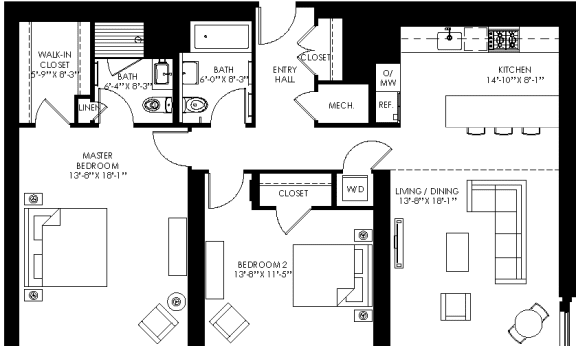 a floor plan of a house with bedrooms and baths and a living room