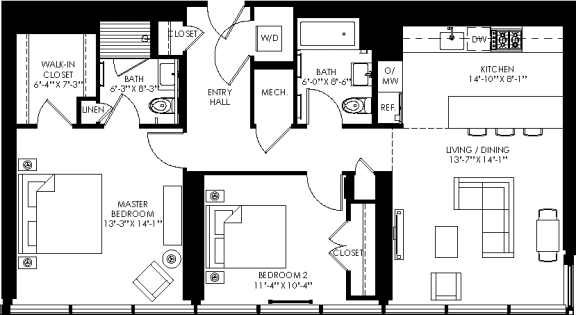 floor plan of the first level of a home with a bedroom and a living room