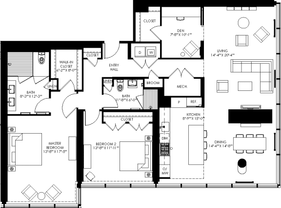 floor plan of the upper level of the house including the living room and bedrooms