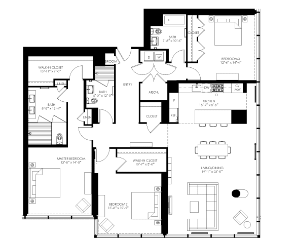 floor plan of the upper level of the home including the living room and dining room