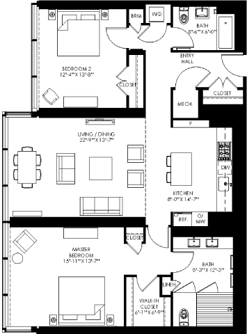 floor plan of the living room and kitchen of the 2100 sq ft home
