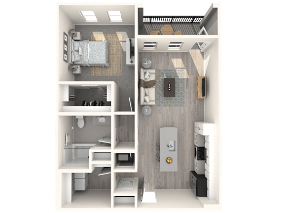 A 3D rendered image of a small apartment layout.