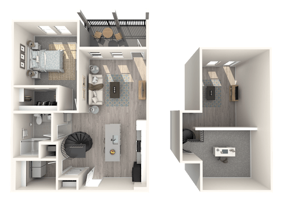 A diagram shows two different layouts of a small apartment.