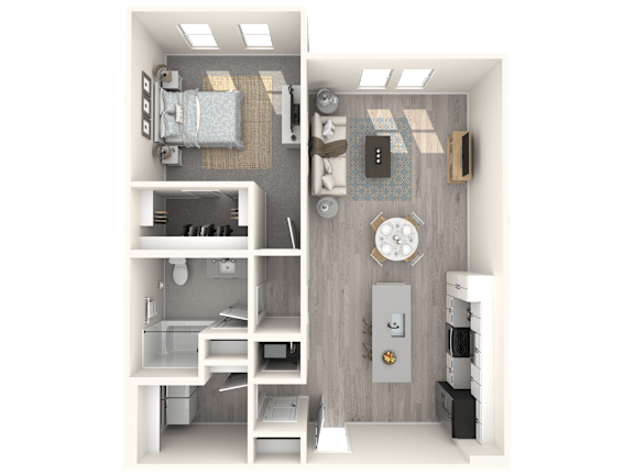 A 3D rendered image of a small apartment layout.