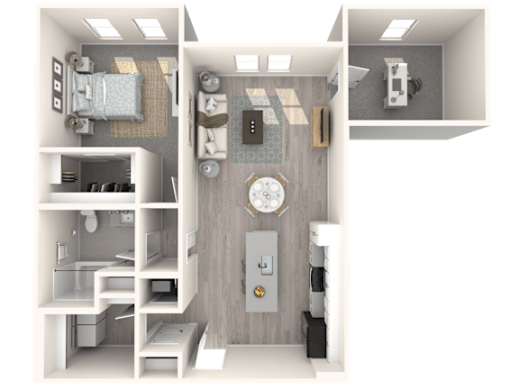 A 3D rendered image of a small apartment layout.