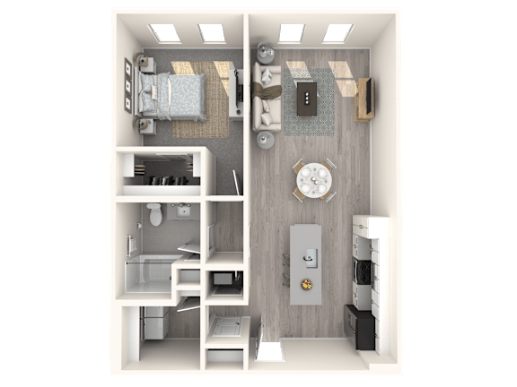 A 3D rendered image of a small apartment layout.