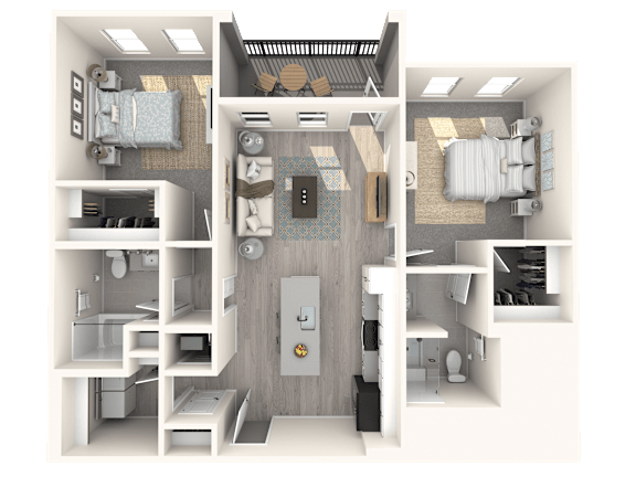 A 3D floor plan of a small apartment with two bedrooms, a living room, a kitchen, and a bathroom.