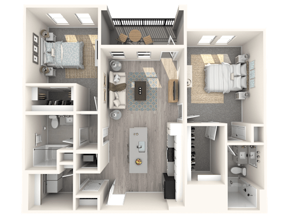 A 3D rendered image of a small apartment layout.