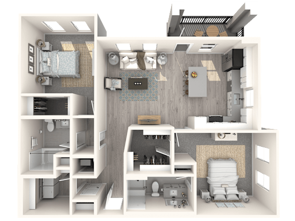 A 3D rendered image of a small apartment layout.