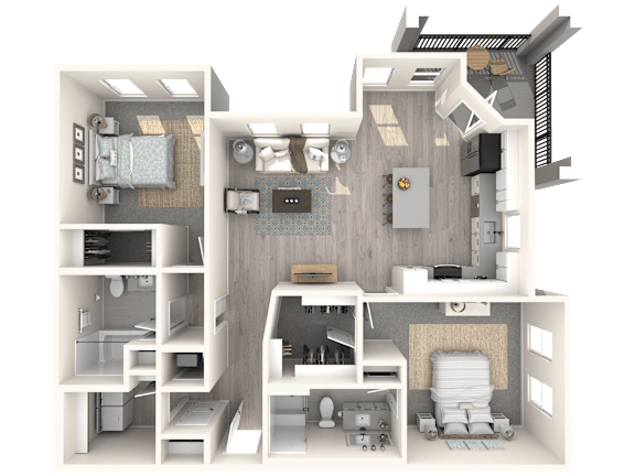 A 3D rendered image of a small apartment layout.