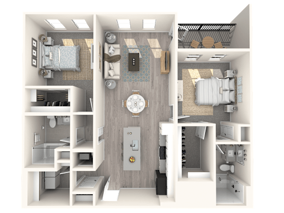 A 3D rendered image of a small apartment layout.