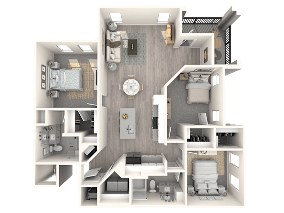 A 3D floor plan of a house with a kitchen, living room, and bedrooms.