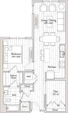 A floor plan of a house with a living/dining area, kitchen, two bedrooms, a bathroom, a walk-in closet, and a den.