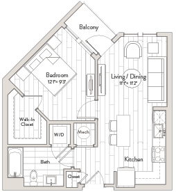 A floor plan of a house with a balcony, living/dining room, kitchen, bathroom, bedroom, and walk-in closet.