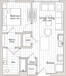 A floor plan of a house with a bedroom, living/dining area, kitchen, bathroom, and closet.