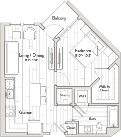 A floor plan of a house with a balcony, living/dining area, kitchen, bathroom, and bedrooms.