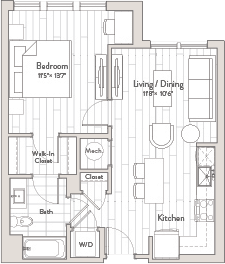 A floor plan of a house with a bedroom, living/dining area, kitchen, and bathroom.