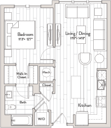A floor plan of a house with a living room, dining room, kitchen, and bathroom.