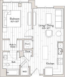 A floor plan of a house with a bedroom, living/dining area, kitchen, bath, and walk-in closet.