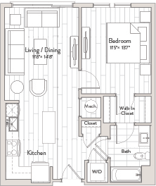 A floor plan of a house with a living/dining room, kitchen, bath, and bedroom.